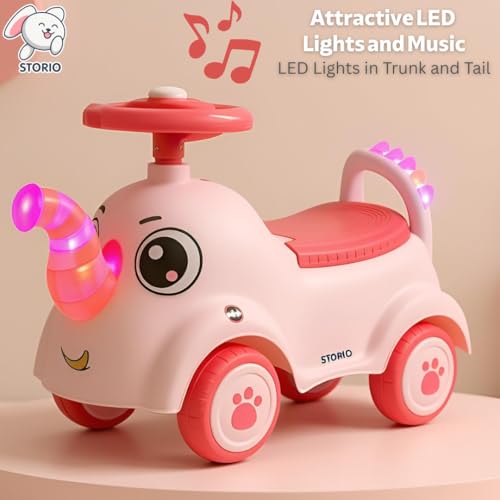 Image of Storio Elephant Baby Ride-On Car Toy with Light and Music - Pink | Push Car for Kids with Backrest & Steering, 1-3 Years