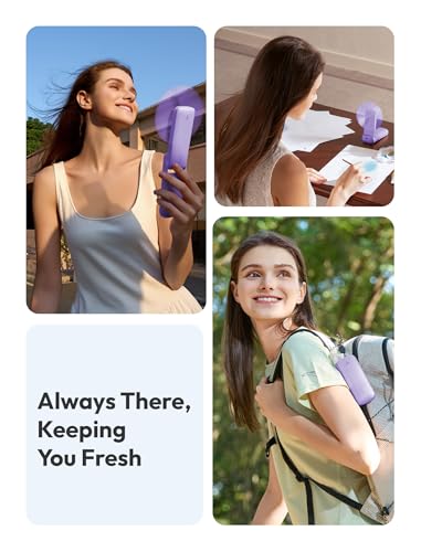 Image of Aecooly Slim Handheld Fan, USB Rechargeable, 24H Battery Life, 3-Speed, Foldable Pocket Fan for Travel, Desktop, Beige (Purple, 1 Pack without Mirror)