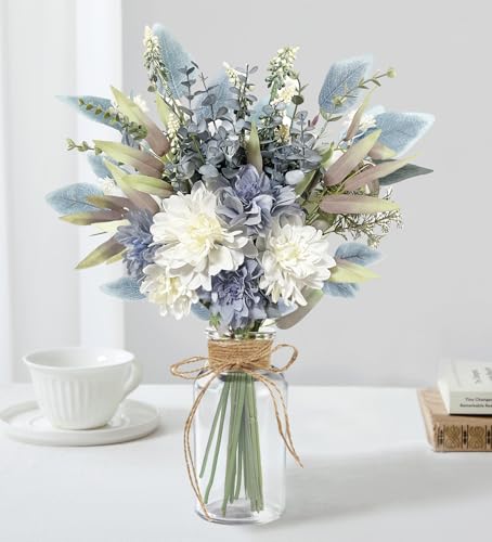 Aoztio Fake Flowers in Vase, Silk Flower Blue Artificial Flowers, Floral Arrangements with Glass Vase for Farmhouse Coffee Table Decor, Dining Table Centerpiece Decor - Blue White