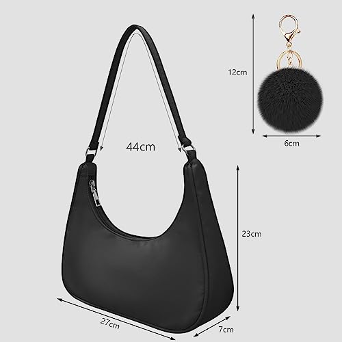Aucuu Umhängetasche Damen Handtasche, Nylon Retro Achsel Tasche mit Pom-Pom-Schlüsselanhänger, Y2k Fashion Unterarmtasche mit Reißverschluss-Geschenk für Weihnachten und Geburtstag, Schwarz