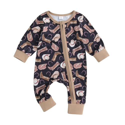 Gaono Western Cowboy Baby Clothes Newborn Boy Girl Romper Cow Print Long Sleeve Zip-Up Jumpsuit Bodysuit One Piece Outfit (J-Black, 0-3 Months)