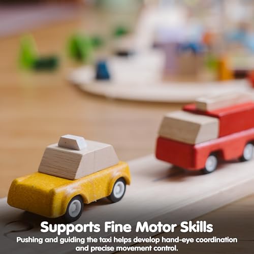 Image of PlanToys Yellow Taxicab Wooden Montessori Vehicle Toy | Early Movement, Imagination and Practical Life Exploration | Eco Friendly Taxi for Indoor and Outdoor Play