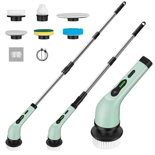 Electric Spin Scrubber, Cordless Shower Cleaning Brush with 6 Brush Heads, 2 Speeds Power Scrubber with Adjustable Handle for Bathroom, Kitchen, Tile, Floor