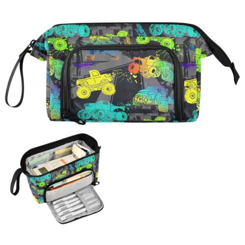Image of Monster Trucks Print Pencil Case Pouch Big Capacity Pencil Bag Box Organizer Pen Case with Compartmens Stationery Organizer for Girls Boys Women School College Office