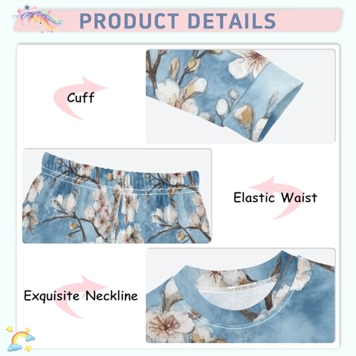 Fustylead Cute Blue Birds on Cherry Blooming Tree Long Sleeve Top and Matching Bottom Cotton Pajama Sets4