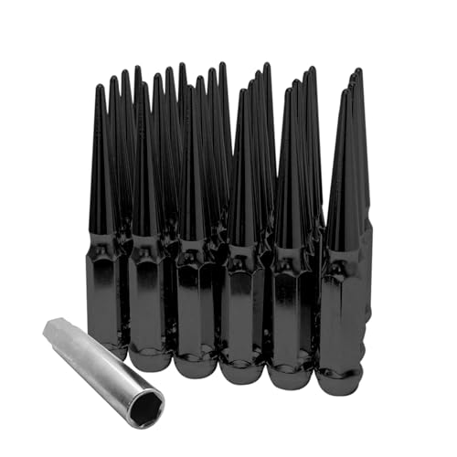 24PCS 14x2 Spike Lug Nuts with 1 Socket Key, Hunting Horse 6 Inch Length Cone/Conical Bulge Seat, Closed End M14X2 Lug Nuts, Black