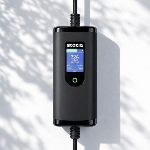 Image of Statiq 7.4kW Portable EV Charger with Carry Bag & Wall Bracket | 32A Type 2 AC | 3 Pin Industrial Plug with Connector | 6A-32A Adjustable | IP66 | LED Display | Home, Office & Travel | 2 Yr Warranty