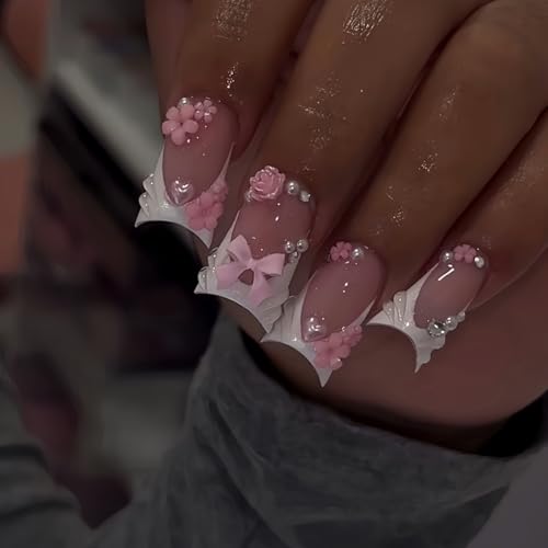 Image of 3D Bow Flower Press on Nails White french tip Fake Nails with Rhinestone Accents Reusable Glossy Full Cover Duck Stick on Nail for Women Luxury Manicure 24Pcs