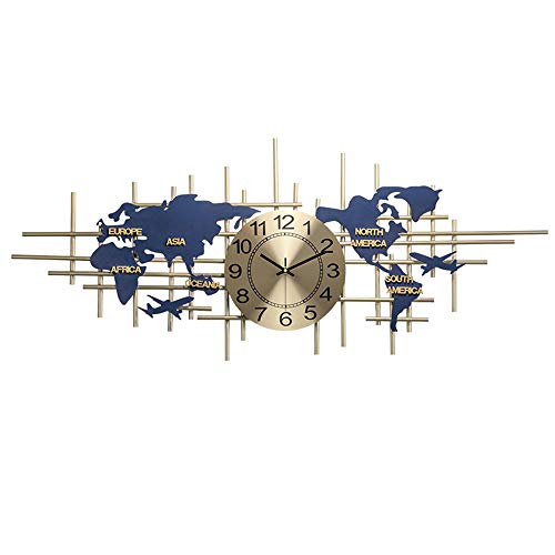 HXSM Modern Metal Wall Clock Silent Quartz Decorative Clock Creative World Map Living Room Wall Clock Handmade Iron Frameless Wall Clock