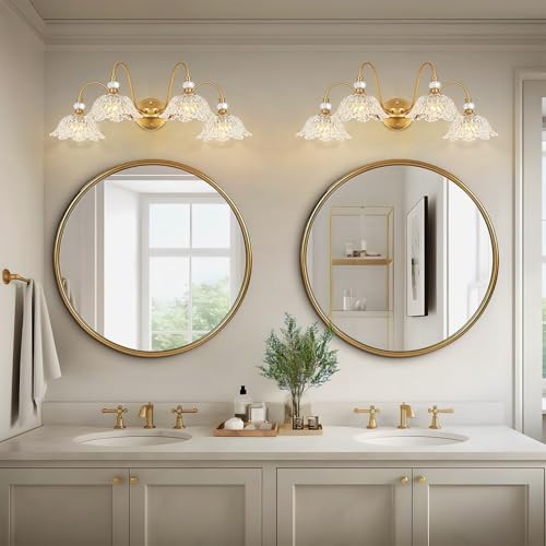 Image of Vintage Matte Brass Finish Bathroom Vanity Light, 4-Light Vanity Light with Floral Glass Shades, Retro Wall Mount Lighting for Bathroom, Dressing Table