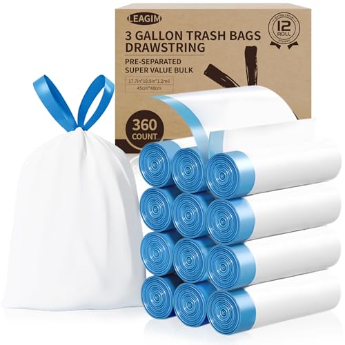 Small Trash Bags 3 Gallon 360 Count -1.2 Mil Drawstring Mini Garbage Bags White Plastic Trash Can Liners for Bathroom Accessories 12 Liter Bedroom Dorm Room Essentials Office