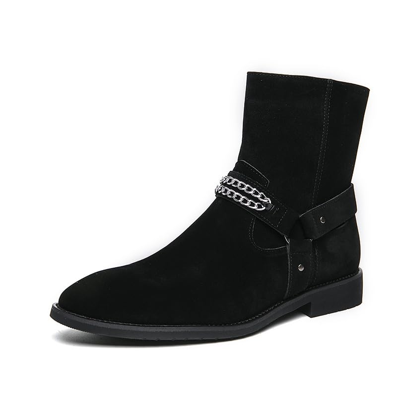 Santimon Men's Biker Punk Boots Belt Buckle Chain Strap Suede Dress Casual Boots with Side Zipper