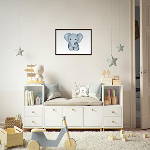 Décoration murale enfant éléphant bleu sous cadre en bois noble