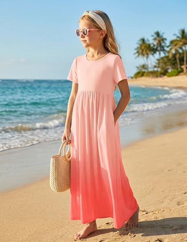 Image of Arshiner Girls Maxi Dress Long /Short Sleeve Casual Holiday Dress with Pockets for 5-13 Years