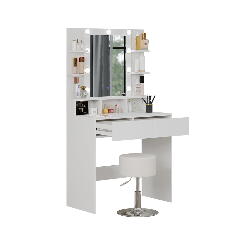Vicco Tavolo da toeletta Taylor, Bianco, 80 cm con illuminazione LED e sgabello, con illuminazione LED e sgabello girevole regolabile in altezza