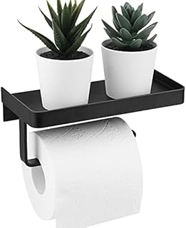 Toilet Roll Holder with Phone Shelf Wall Mounted, Toilet Paper Roll Holder Stainless Steel, No Drilling, Self Adhesive Loo Roll Holder Toilet Tissue Holders Hanger for Bathroom Kitchen Matt Black