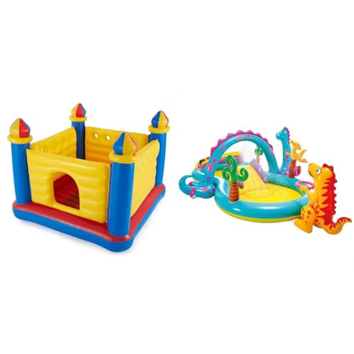 Jump-o-lene Castle Bouncer & Dinoland Play Center Inflatable Water Play Center, Assorted Model (with and without volcano), Multicoloured, 333x229x112 cm, 280 Litres