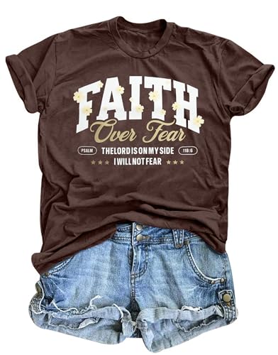 Faith Over Fear Shirt Christian Shirts for Women Inspirational Bible Verse T-Shirt Religious Faithful Short Sleeve Tee