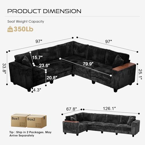 Image of 97 Inches Corduroy Couch with 2 Pillows Deep Seat Sectional Sofa Armrests with Two Hidden Storage Space Corner Couch Oversized L Shaped Cloud Couches for Living Room Black
