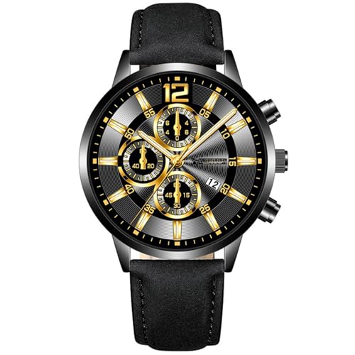 Reloj de Moda de la Personalidad del Hombre con el Reloj Analógico de Cuarzo de la Fecha Reloj de Cinturón del Estudiante de Negocios Casual, Texto negro con cara negra de oro, Correa