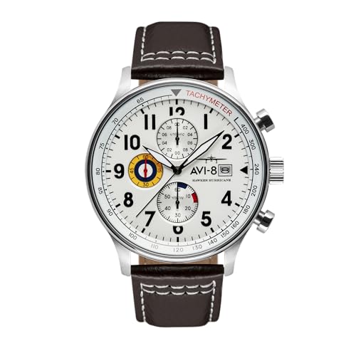AVI-8 Herren 42mm Hawker Hurricane Classic Chronograph Classic White Japanische Quarz-Fliegeruhr mit Lederarmband AV-4011-01