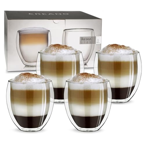 Creano doppelwandige Gläser 400ml „DG-Bauchig“, 4er Set, großes Thermoglas doppelwandig aus Borosilikatglas, Kaffeegläser, Teegläser, Latte Gläser, Doppelwandgläser