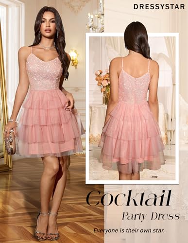 Image of Dressystar 2026 Women's Tiered Sparkly Sequin Glitter Formal Prom Dress Mini Spaghetti Strap Tulle Cocktail Party Dresses