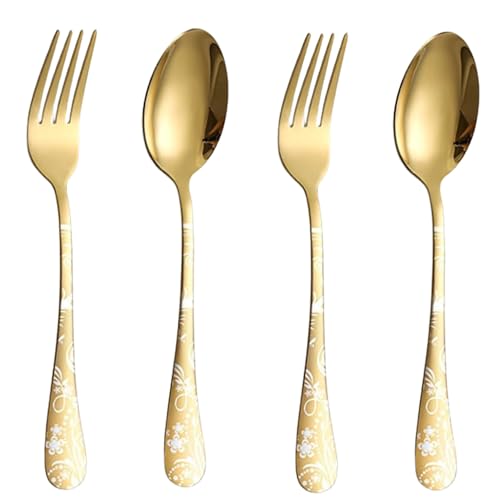 Image of Aurum Gold 4-Piece Cutlery Set with Floral Printed Handle | 2 Tablespoons & 2 Dinner Forks (8.1 inch) | Durable Stainless Steel Tableware for Home, Restaurants, and Gift Giving