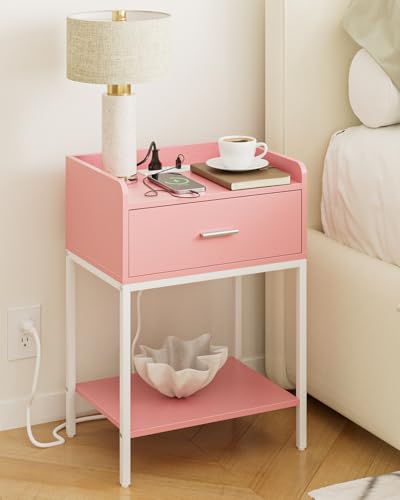 Image of Masupu Nightstand with Charging Station,3-Tier Modern Bedside Night Stand with Storage Drawer and Shelf,Small End Side Table for Bedroom,Living Room,Pink and White