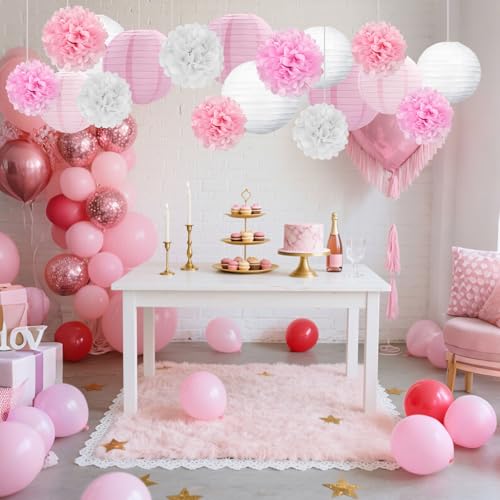 Image of 18 PCS Pink White Paper Lanterns & Tissue Paper Pom Poms for Girls Birthday, Baby Shower, Wedding, Bridal Shower, Hanging Paper Decor, Party Decoration Set for Indoor Outdoor Events Party Supplies