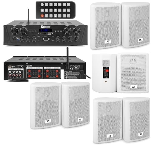 IMPIANTO AUDIO FILODIFFUSIONE 6 CANALI SEPARATI PER INTERNO ED ESTERNO CON CASSE DA PARETE CON 6 CASSE MEDIE BIANCHE