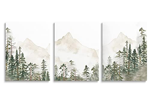 Image of SKYSUKEY Foggy Forest Wall Art Woodland Nursery Wall Decor Netural Wild Nature Nursery Decor Mountain Wall Art Green Landscape Prints for Boy Girl Bedroom Living Room Home, Framed Set 3, 12"x16"