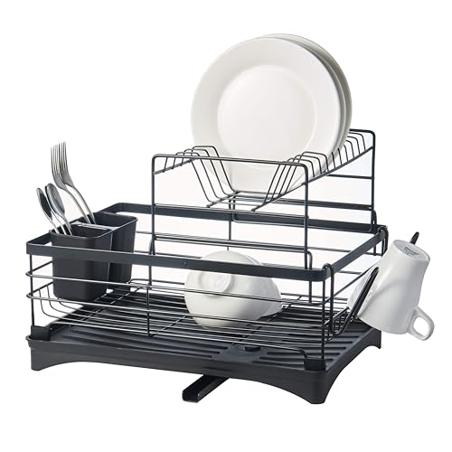 Eden & Willow 2-Tier Stainless Steel Dish Drying Rack | Adjustable Drainage Spout & Detachable Cups and Utensils Holder | Rust-proof Large Dish Drainer for Kitchen Counter