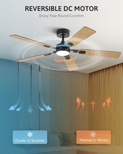 VONLUCE Ceiling Fans with Lights and Remote, 52\" Ceiling Fan with 5 Blades, 6-Speeds Noiseless Reversible DC Motor for Farmhouse Bedroom Indoor, Light