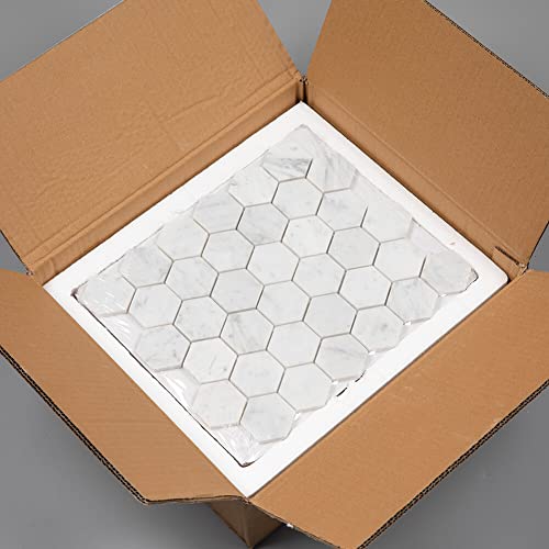 Adolif Carrara White Marble Mosaic Tile, 100% Natural Marble, Polished, Carrara White Marble Mosaic For Kitchen Bathroom Wall Floor Backsplash Shower, 5 Sheets, 2 Inch Hexagon #TOP5
