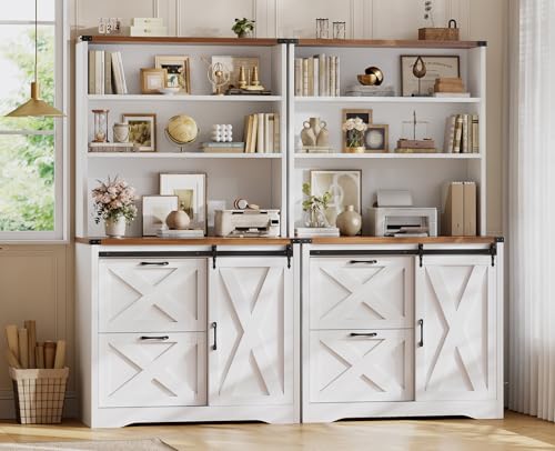 SEDETA 2 Drawer File Cabinet, Farmhouse Filing Cabinet for Home Office fits Legal/Letter/A4 File, Office File Cabinets with Printer Stand, Sliding Door and Storage Bookshelf, White + Brown - Thumbnail 3