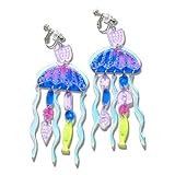 Wooyas Acrylic Clip On Earrings for Women, Ocean Jellyfish Dangle Earrings Colorful Clip Earrings Non Piercing Adjustable Clip On Earrings for Birthday Women's Day Gift
