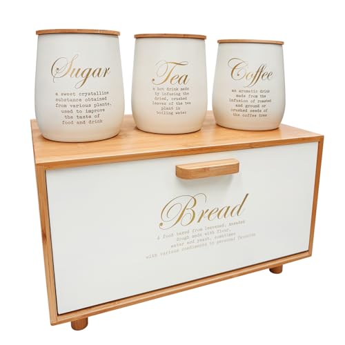 Holisttech Boîte à pain en bambou avec 3 boîtes de conservation en fer - Kit de rangement de cuisine avec inscription « Sugar », « Tea », « Coffee » -...