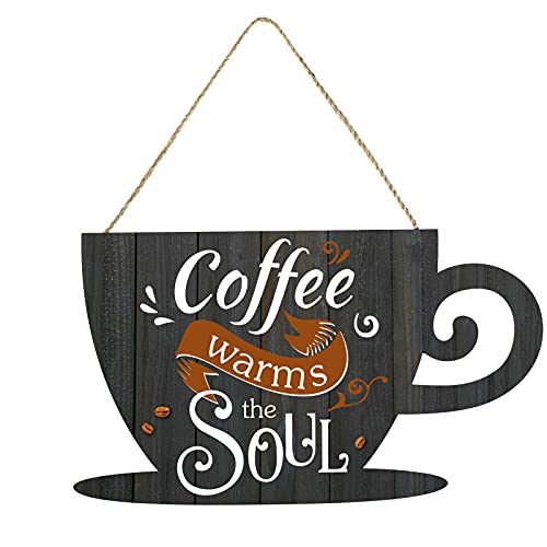 Image of Jetec Wooden Coffee Bar Signs for Wall 11.8 x 6.8 Inches Hanging Sign Rustic Vintage Cup Plaque Coffee Warms The Soul for Cafe Station Signs Decorations Small Farmhouse Cafe Sign Home Kitchen