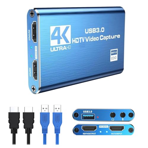 mvthenxi 4K Audio Blue Video Capture Card - Supports 4K HDMI Input & 1080P Full HD 60fps Recording for Gameplay, Live Streaming, and Video Conferencing(Includes HDMI Cable).