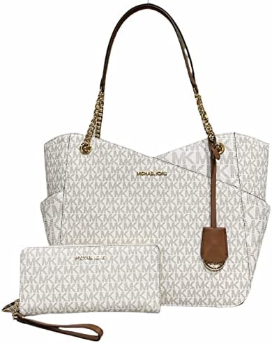 Michael Kors Jet Set Travel Large Chain Shoulder Tote Vanilla MK Signature Logo Bundled Jet Set Travel Continental Wristlet Vanilla Signature MK