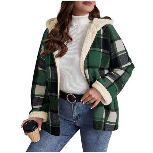 Sherpa Fleece Jacket Women Army Green Jacket Overcoat Shacket Winter Warm Fleece Lined Zip Up Hoodie Checkered Thickened Thermal Women Winter Coat Outdoor Hiking Plaid
