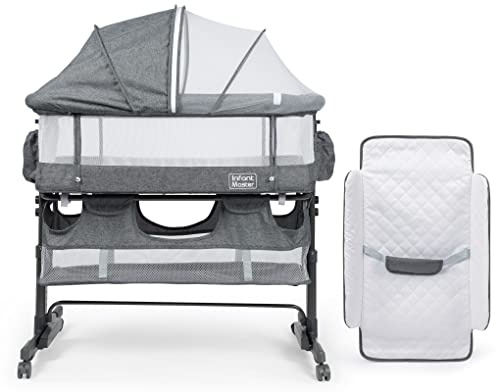Image of 4 in 1 Baby Bassinet, Upgraded Nursery center w/ Diaper Changer, 360° Highly Visible Mesh wall, Comfy Newborn Bassinet with 5 Level Adjustable Height, Portable Baby Travel Crib for baby, Grey