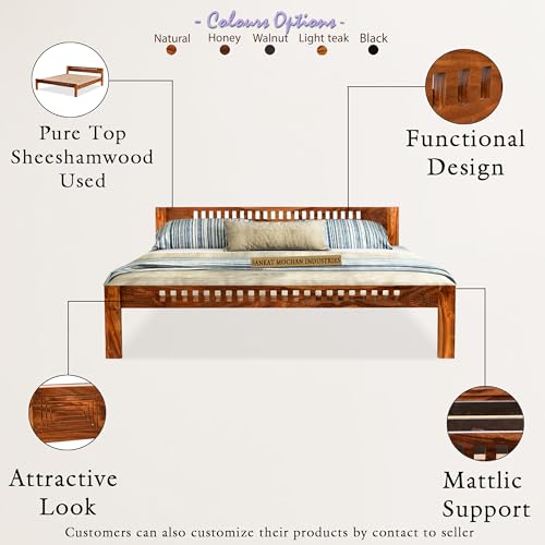 Image of SANKAT MOCHAN Industries Solid SHEESHAM Honey Brown Wooden Queen Size Bed Double Bed Furniture for Bedroom (Matters Size 60 * 72) (Honey Finish)