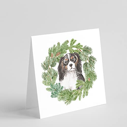 Caroline's Treasures CK8835GC55 Cavalier Spaniel Tricolor Head Tilt Christmas Wreath Square Greeting Cards and Envelopes Pack of 8 Blank Cards with Envelopes Blank Thank You Note Greeting Cards Statio