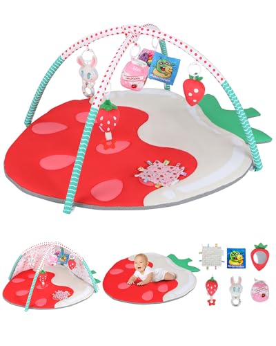 Image of Heypappy Tummy Time Mat, 9-in-1 Strawberry Baby Play Gym Mat, Oversize Baby Play Activity Mat with Sunshade & 6 Detachable Sensory Toys, Washable Non-Slip Mat for Newborn Infant Baby Essentials Gift