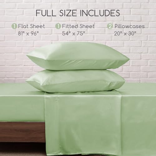 Image of MR&HM Satin Bed Sheets with Elastic Corner Straps, Full Size Sheets Set, 4 Pcs Silky Bedding Set with 15 Inches Deep Pocket for Mattress (Full, Light Sage)