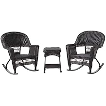Jeco 3 Piece Rocker Wicker Chair Set, Black