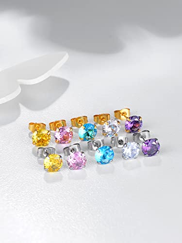 5 Pairs Surgical Steel Stud Earrings Set,Hypoallergenic Cubic Zirconia 14K Gold Plating Earrings For Women Girls (6Mm, Gold) #TOP4