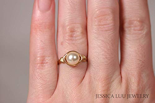 Ivory Nacre Pearl Solitaire Ring Gold Filled Wire Wrapped Handmade Jewelry #TOP5